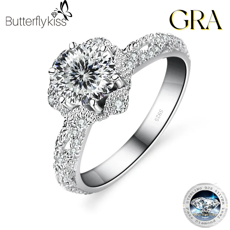 Butterflykiss 100% moissanite 1ct brilantný diamant halo zásnubné prstene pre ženy dievčatá sľubné darlingové strieborné šperky