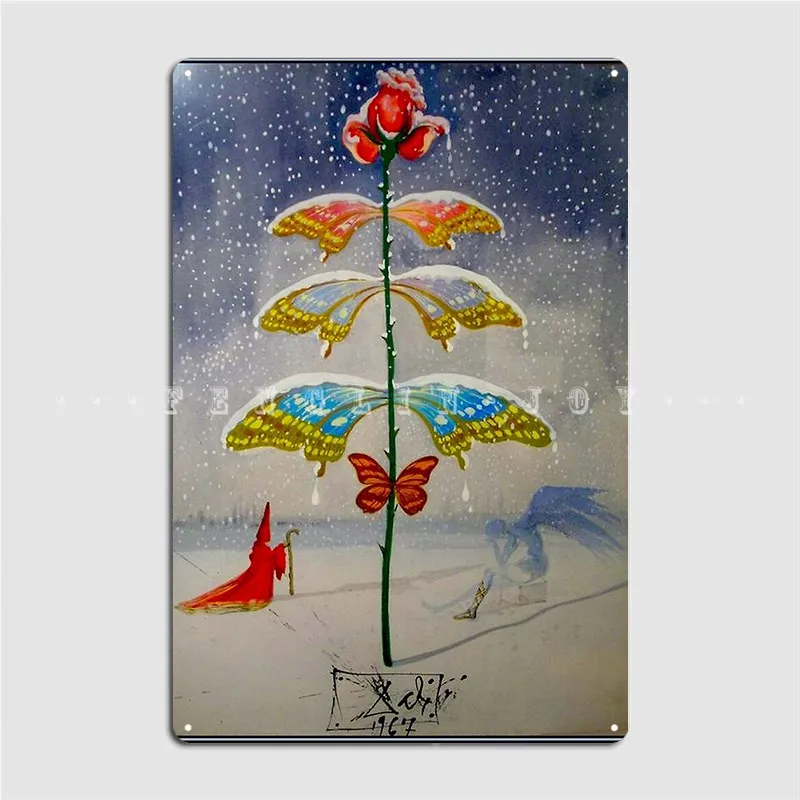 Butterflys Winter Vintage Tree so snehom Abstrakt Dali Surreal Metal Sign Decor Decor WALL MARÁLNA TIN znak plagát