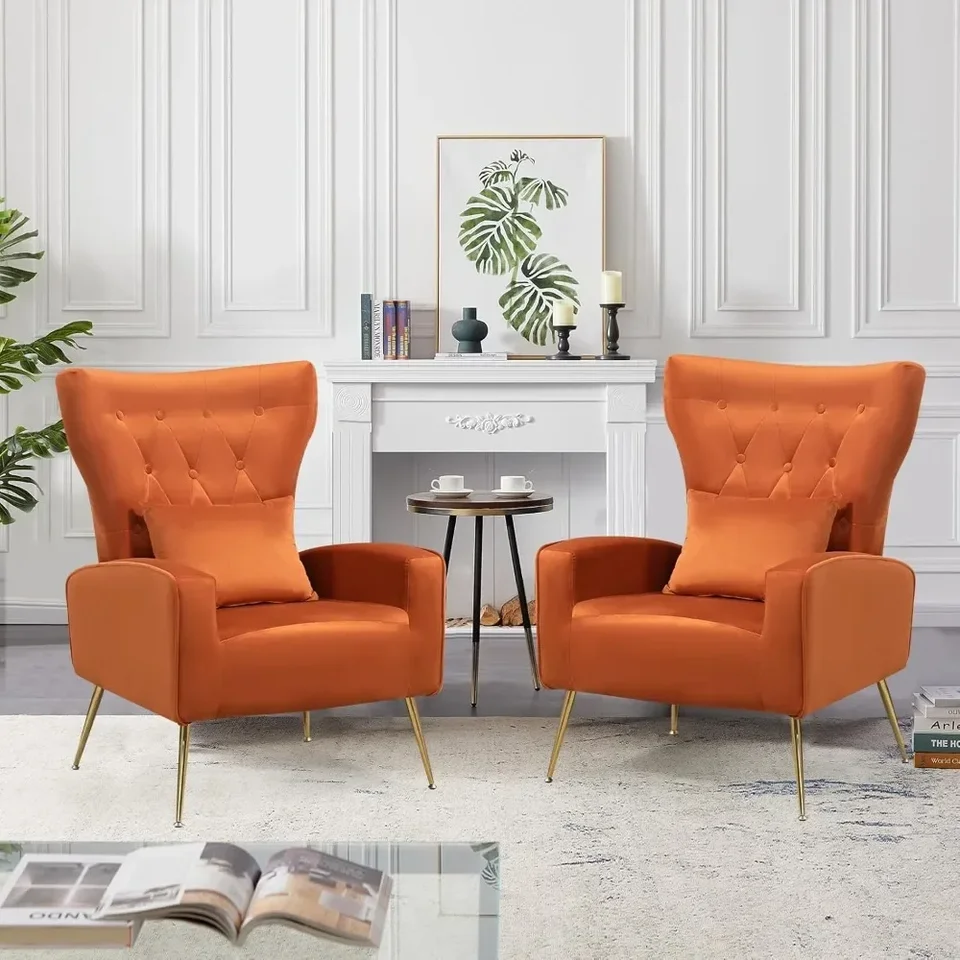 Button-tufované stoličky obývacej izby 2, kreslo kresla s prízvukom Wingback Velvet Accent s bedrovým vankúšom, oranžovými stoličkami obývacej izby