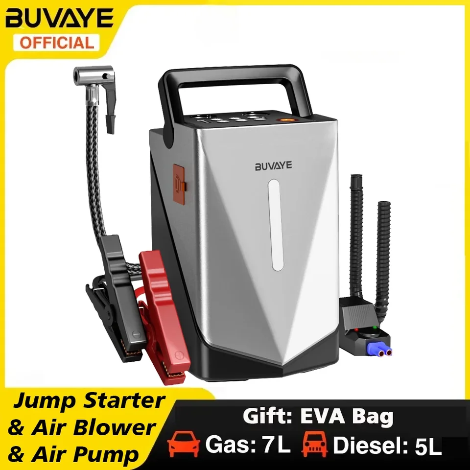 Buvaye Car Jump Starter Electric Air Blower 8 In 1 Air Pump Power Bank Lighting Prenosná rýchlosť Rotácia fúkanie sacieho sacieho listu