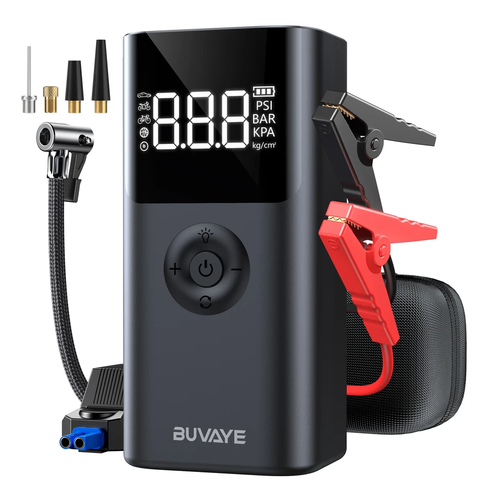 Buvaye Car Jump Starter so vzduchovým čerpadlom Multifunkcia 4 v 1 skok štartéra Power Power Bank Pneuľká pneumatika Air Compressor 150psi/2000a