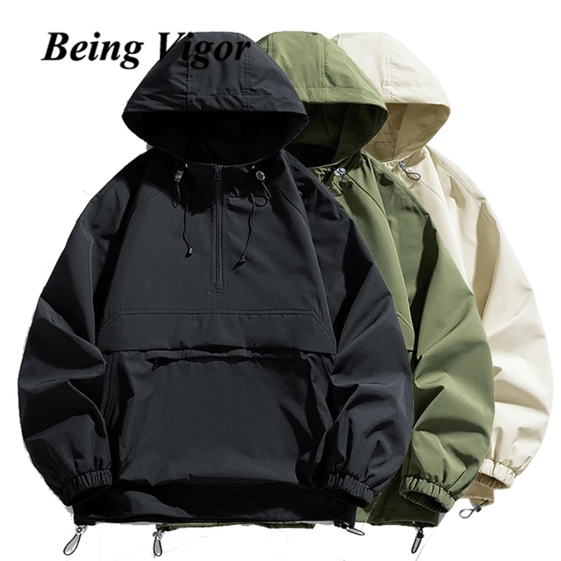 Byť vigorom s kapucňou polovičný zips anorak bunda Men Spring Casual Windbreaker Pánska jesenná bunda horné vrchné odevy