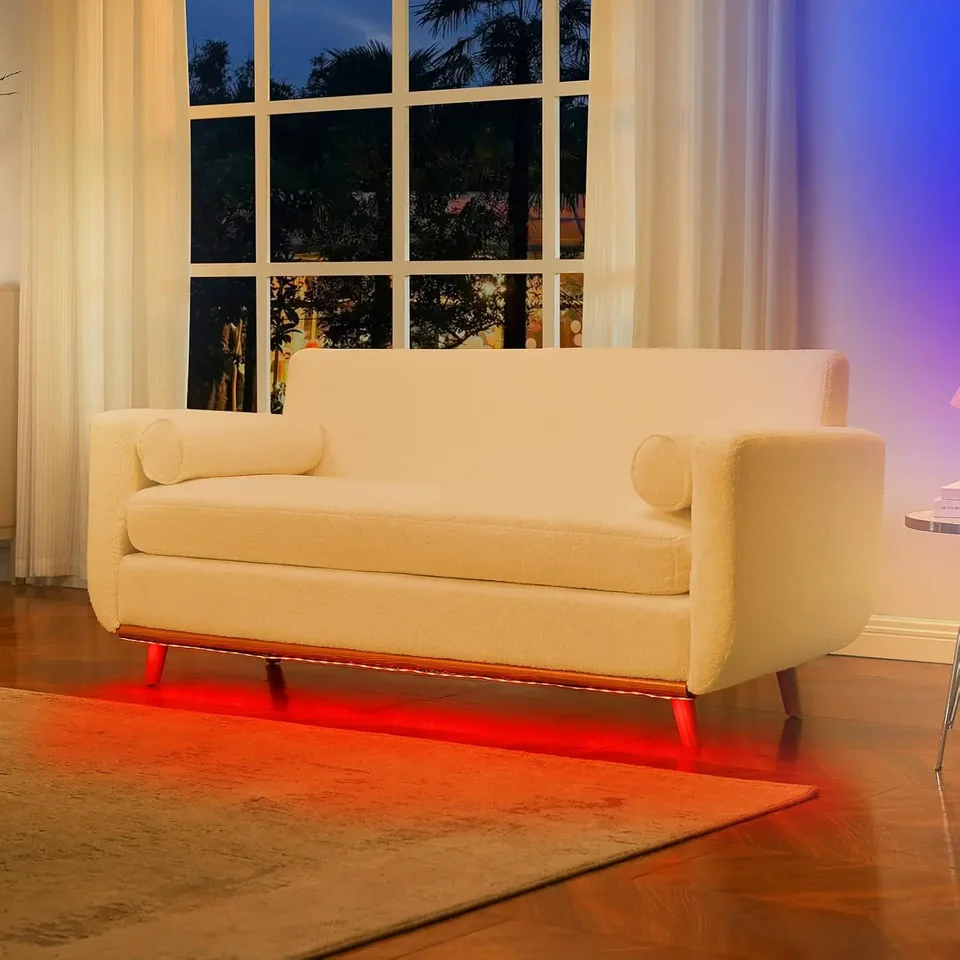 Béžový boucle gauč s LED svetlami a portmi USB Moderné nadýchané gaučové pohovky 2 SEATER COLLECT CELL WOOD WORDABLABLE CRAVS SOFA FU