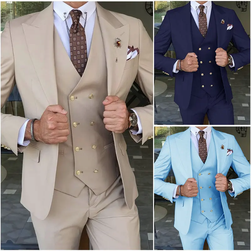 Béžový pánsky oblek na svadobnú obchodnú párty Blazer Slim Fit Gold Gold Tony vrchol klopu 3 kus (bunda+vesta+nohavice) kostým homme