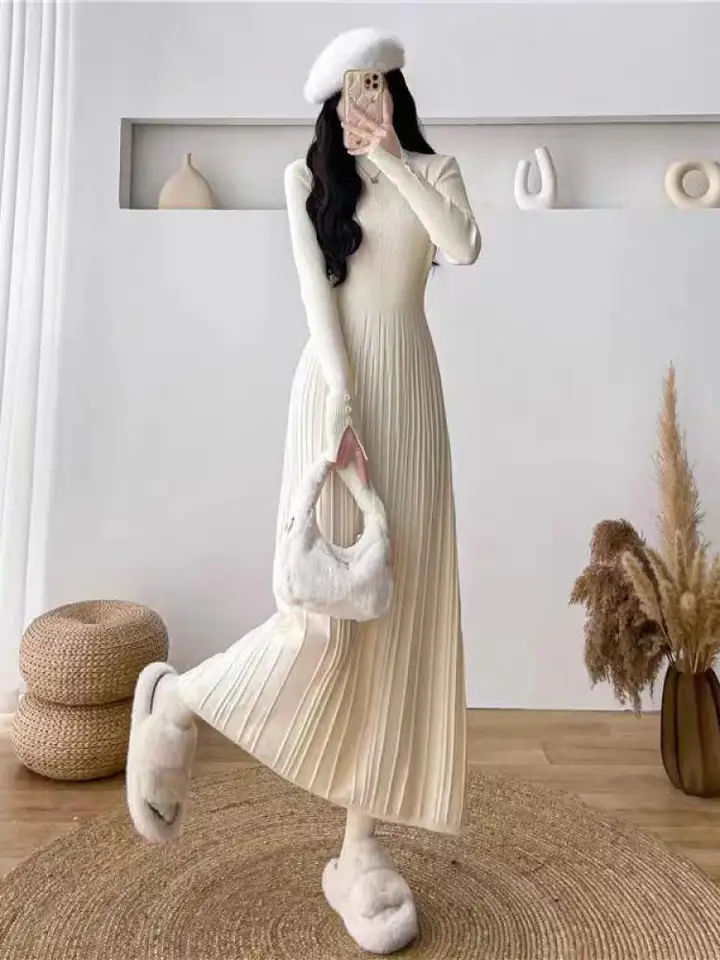 Béžový sveter dlhé šaty Žena Žena Príležitostná jeseň Zima zima Čierne pletené kórejské štíhle štíhle rukávy Elegantné sladké červené šaty jednoduché