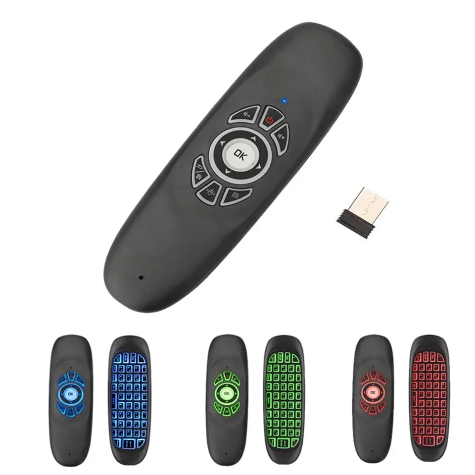 C120 Air Mouse 2.4g RF inteligentné diaľkové ovládanie farebné podsvietenie Anglická bezdrôtová klávesnica pre Android Smart TV Box USB prijímač USB