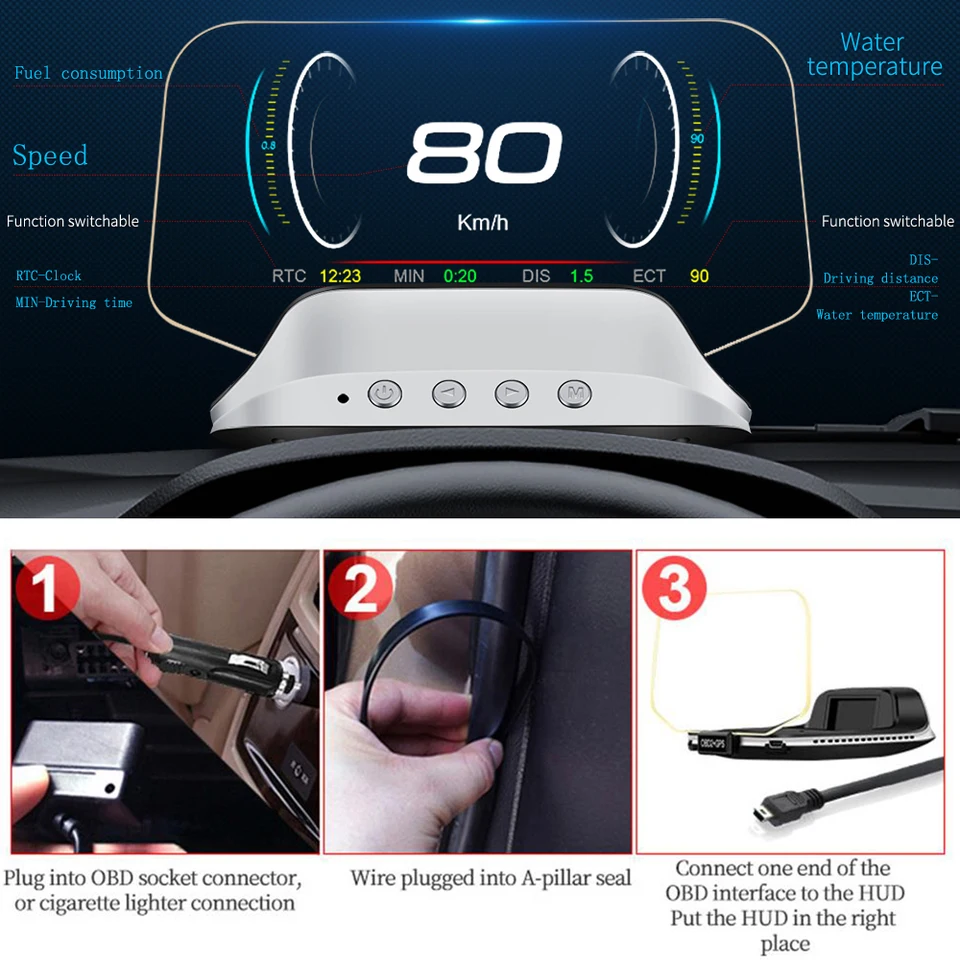 C3 Navigation Head Up Zobrazuje OBD2+GPS duálny režim OBD2 HEADE UP DISPLAT GPS Digital MPH KMH Speeometer Water & Oil Temp RPM RPM
