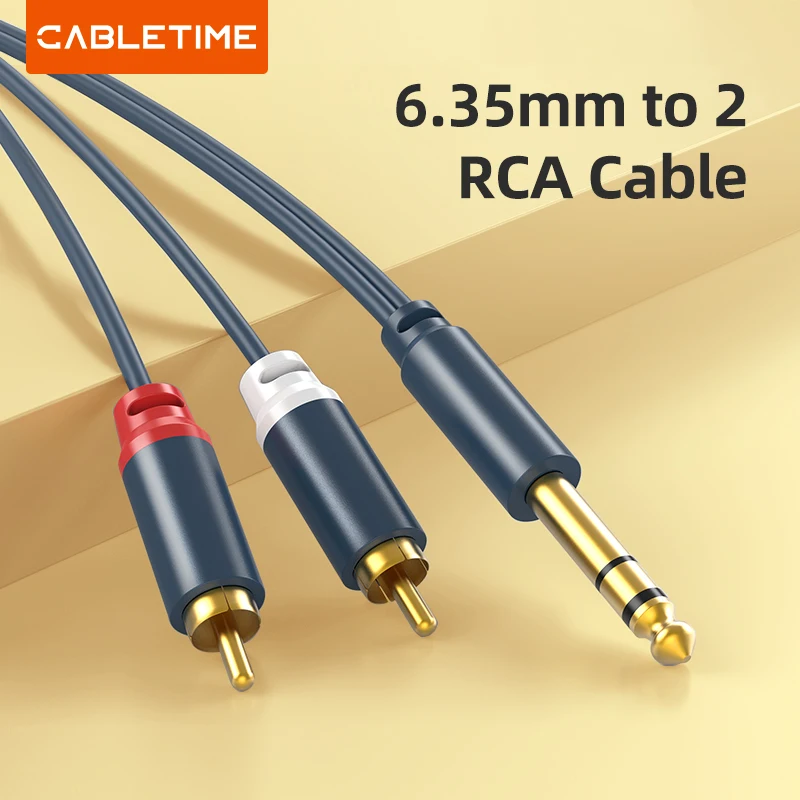 CableTime 6,35 mm až 2 RCA Jack Cable Muž k samému stereofónnemu káblu Zlatý kábel Aux Audio kábel pre riadok zosilňovača hudby C218