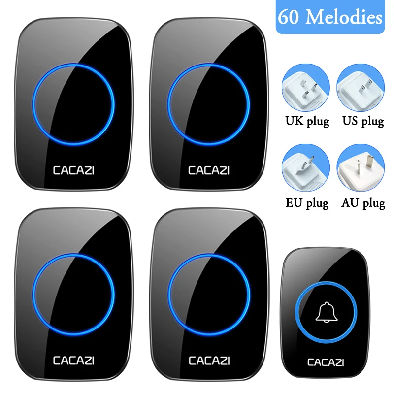 Cacazi 1 tlačidlo 4 prijímač Wireless Intelligent Witerproof Wearter Worter 300m Range LED Nočné svetlo Domov Home Call Bell US EU UK AU Plug