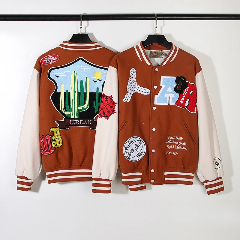 Cactus Jack bundy American High Street Patchwork Color Contrast vyšívaný čiapka golier baseball bunda Men Dámske kabáty