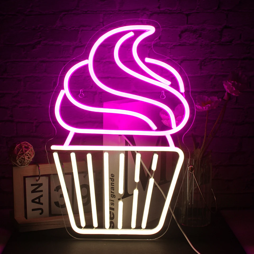 Cake Ice Cream Neon Sign Acryl Packer s LED Flex Neon Dezert Shop Cafe Home Restaurant Použite dekoráciu na stenu s otvoreným ľahkým koláčom