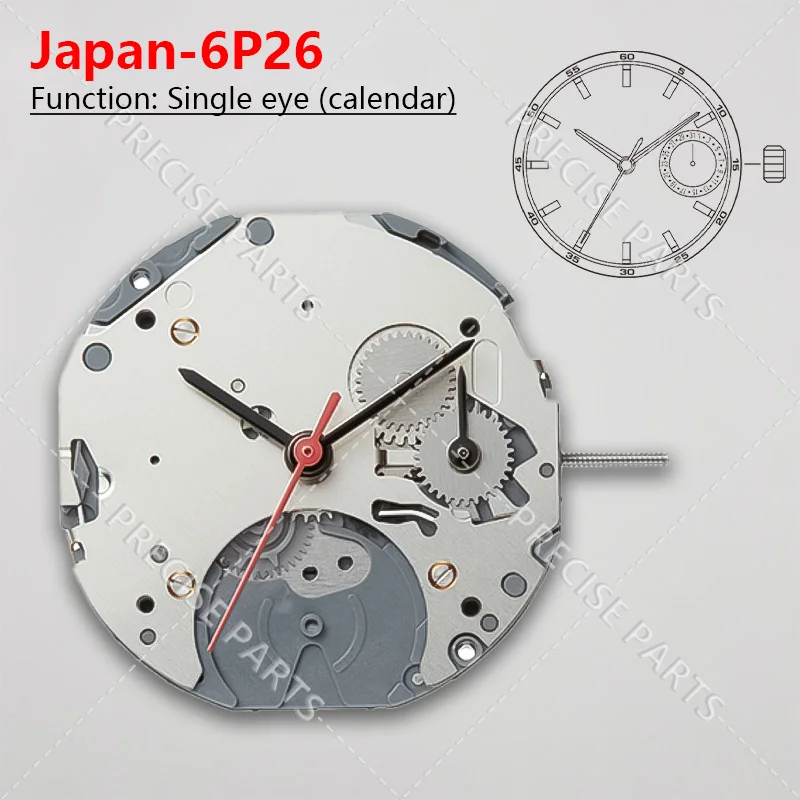 Cal.6p26 Multi funkčné hodinky, 1 oko (dátum) Veľkosť: 10 1/2 palca Výška: 3,45 mm 6p26 Pohyb