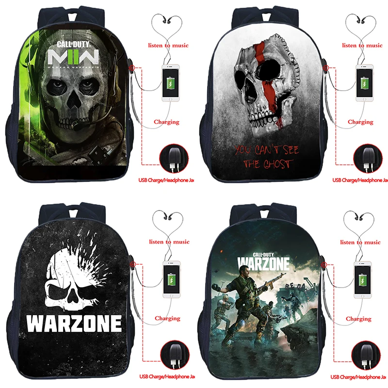 Call of Duty Warzone Backpacks Študenti späť do školskej knihy 16 palcov USB Poplatok školských tašiek pre teenager pre chlapcov dievčatá Mochila
