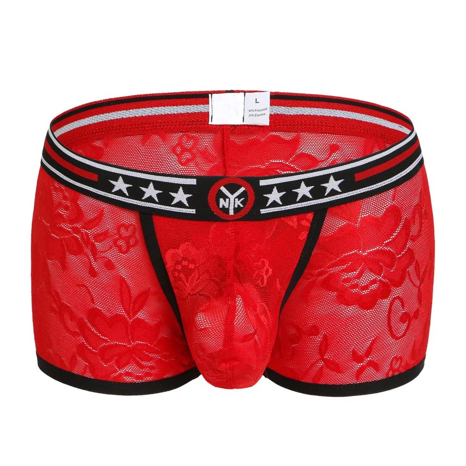 Camisa Masculina Lace vyšívanie sexy spodná bielizeň Spodná bielizeň Transparentné nízky pás Antibakteriálne boxery spodná bielizeň pre mužov