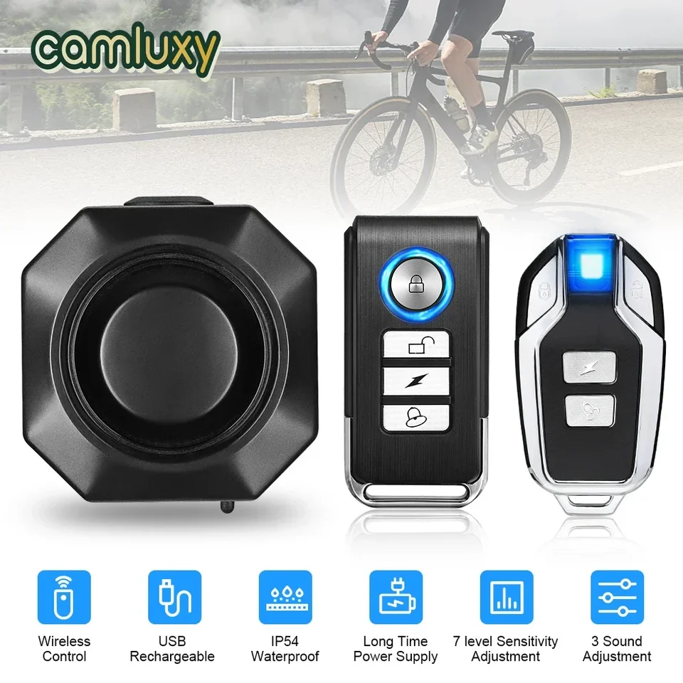 Camluxy Wireless USB nabíjanie vodotesný bicykel Alarm diaľkové ovládacie vibrácie detektor alarmu Motocyklu vlámanie Alarm