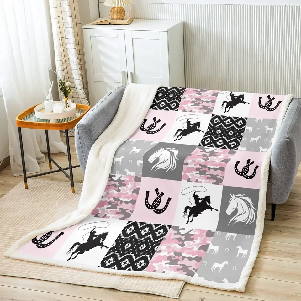 Camo Horse Kids hádzať prikrývku, Cowboys Horseshoe Aztec Tribal Bed Deka pre chlapcov dievčatá dospelí, Geometric Plaids Arrows