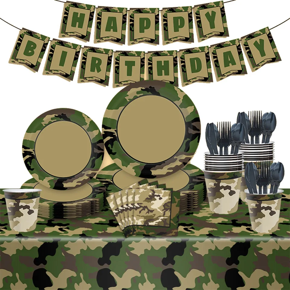 Camo Narodeninové oslavy dodávky maskovacej tematickej párty obrusový tanier tanier s obrúsky pohár návesový riad pre armádu vojenské narodeniny
