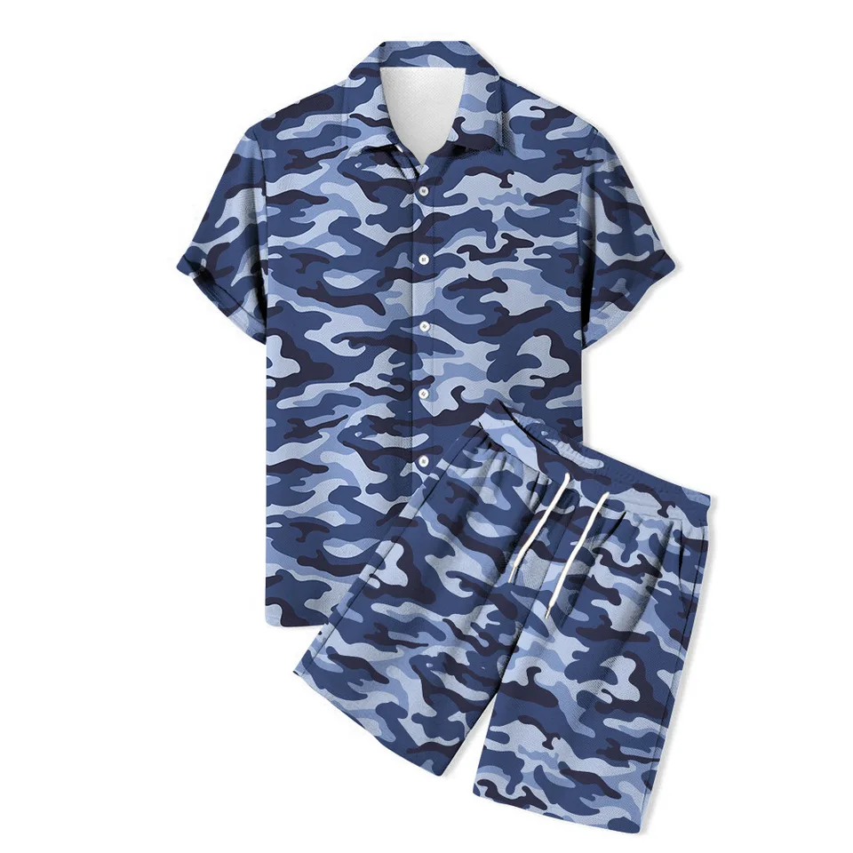Camouflage 3D Leopard Print Mamouflage Suit Hawaii Fashion 2pcs Set košeľu Men Men Collar Krátke rukávy košele+ krátke nohavice štýlové súpravy