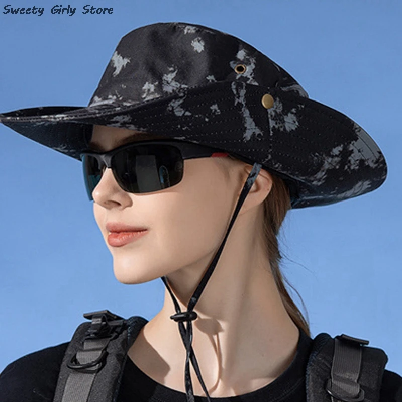 Camouflage Bucket Hat Outdoor Safari Priedušné slnečné klobúky Turistické poľovníctvo Panama nastaviteľné spona Cowboy Caps