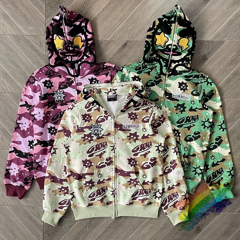 Camouflage Cardigan Glo Gang Glory Full Zip Hoodie Men Ženy 1: 1 Najlepšia kvalita vintage biela nadmerná nadmerná nadmerná kapucňa