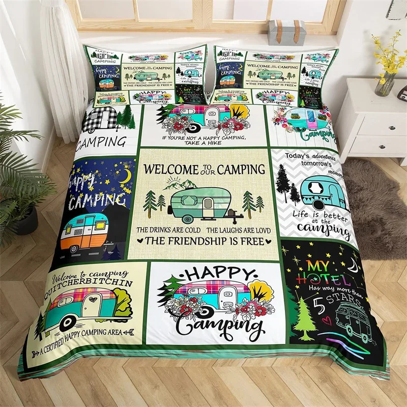 Camper Bedding Set Vintage Cabin Twin Full King Duet Cover Cartoon Camp Cestovec prešívaná automobilová prikrývka Style Style Cover Cover
