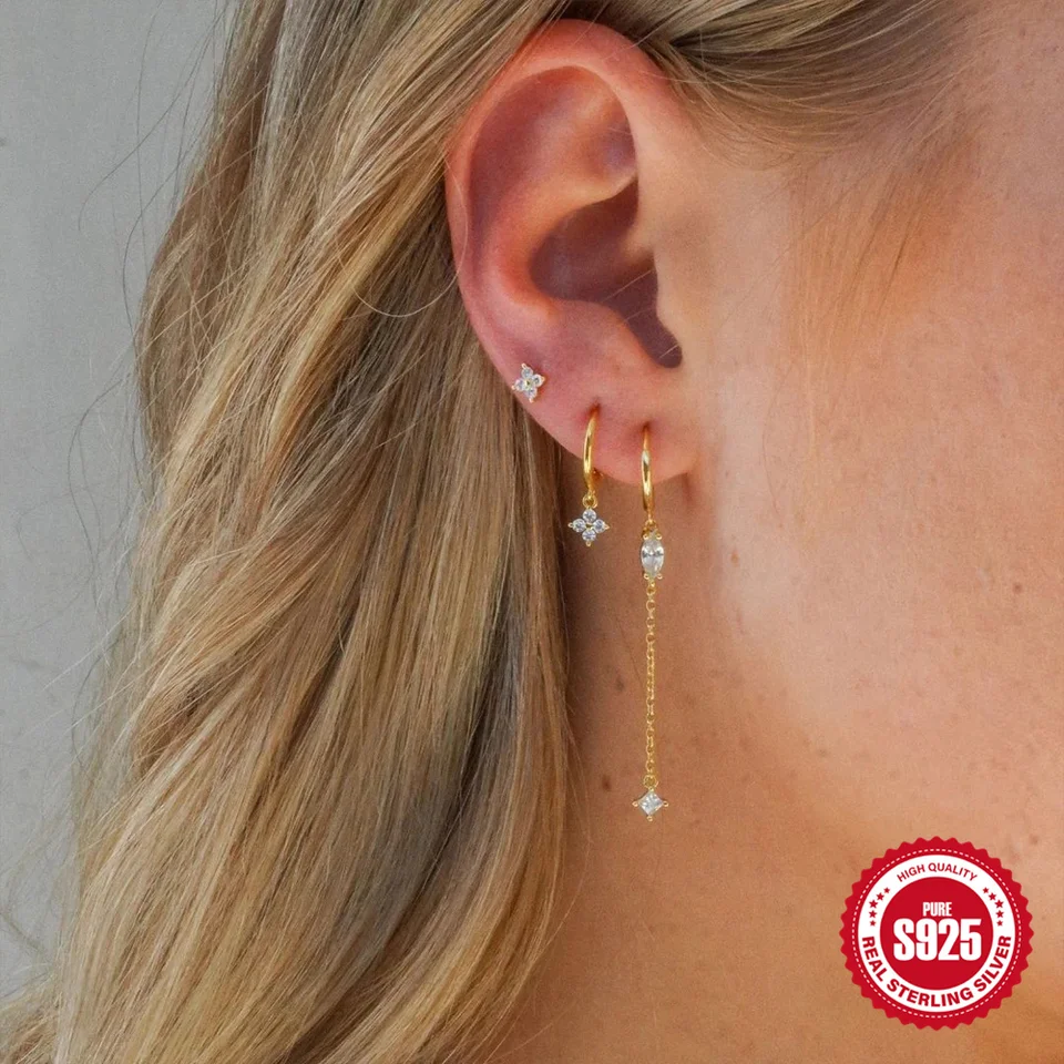 Canner 925 Sterling Silver 3pc náušnice Sada okvetných lístkov zirkón pre ženy 18k zlatý reťazec Tassel Ins v štýle obručových náušníc Trend šperky
