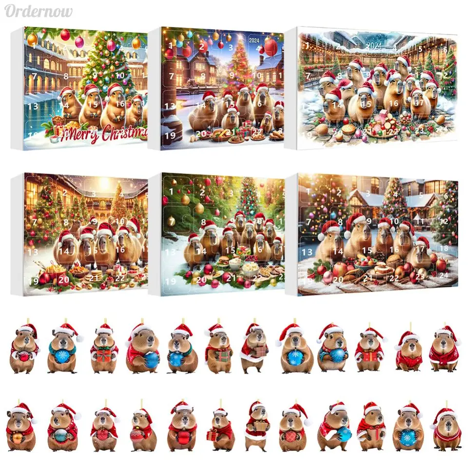 Capybra Advent Calendar 2024 2D akrylové prívesky Capybara 24 dní vianočné odpočítavanie kalendár pre vianočný stromček domov