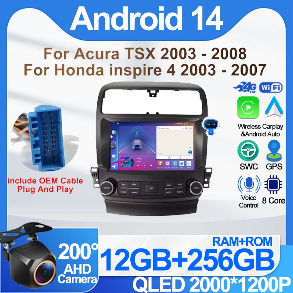 Car Android 14 pre Acura TSX 2003 - 2008 pre Honda Inspire 4 2003 - 2007 Radio Player Android Auto 5G WiFi CarPlay No 2Din DVD