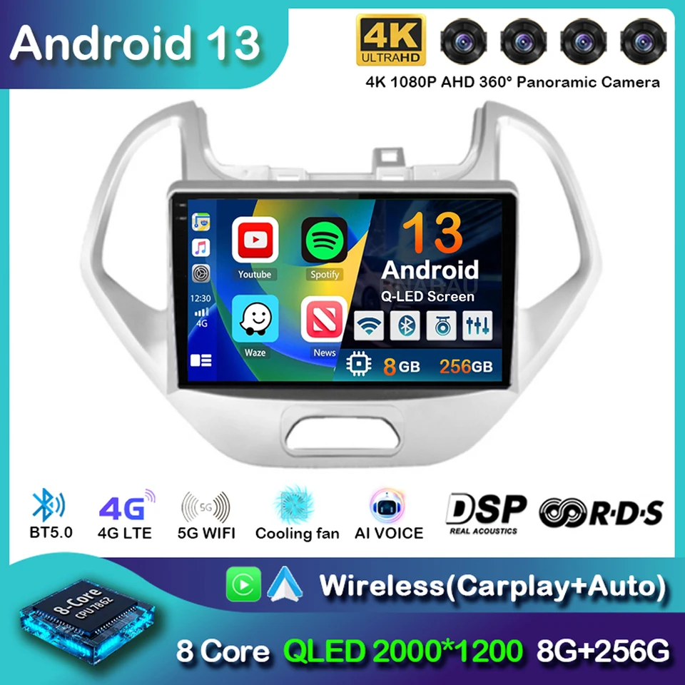 Car Android 14 pre Ford Figo KA 2015 - 2020 Automatické rádio Stereo Multimedia Player GPS navigácia 5G WiFi Wifi Wireless CarPlay QLED HDR