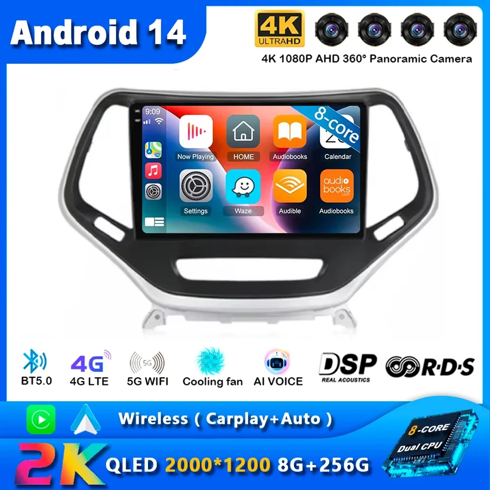 Car Android 14 pre Jeep Cherokee 5 KL 2014 - 2018 Automo Radio Multimedia Video Player Navigation GPS CarPlay No 2Din DVD 4G WiFi
