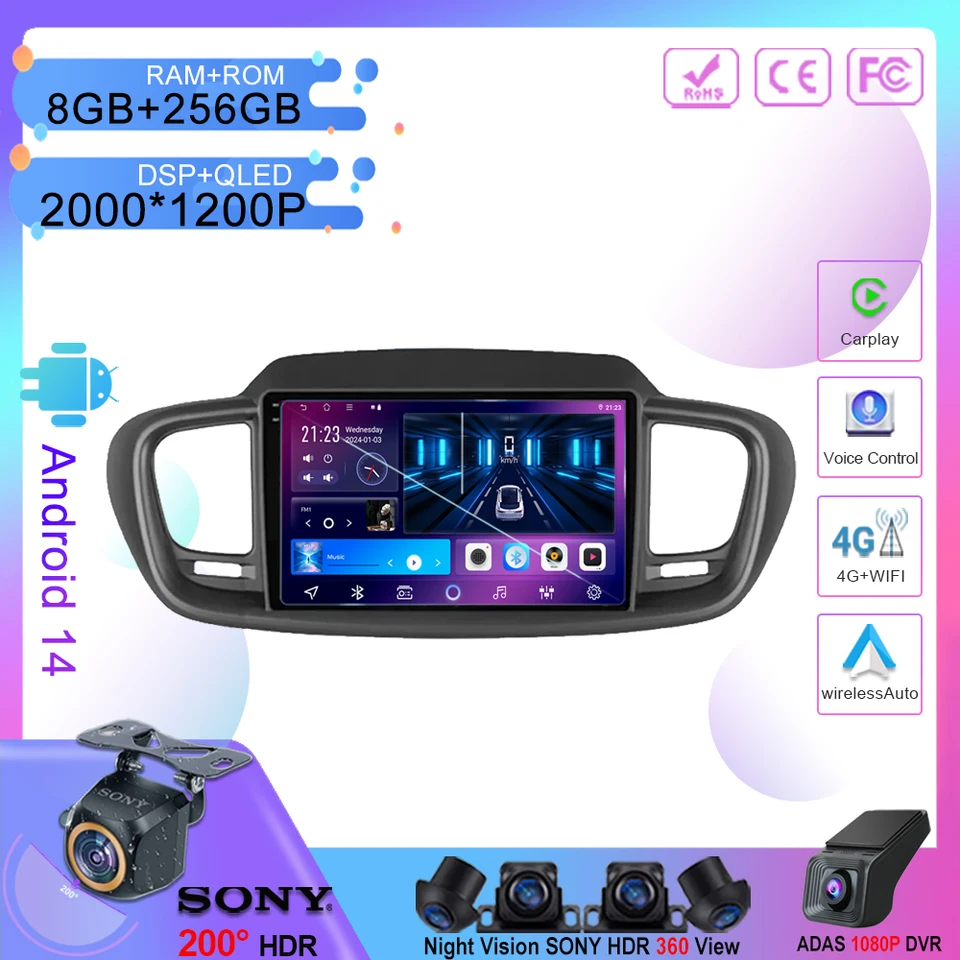 Car Android14 pre Kia Sorento 3 2014 - 2017 Automatické rádiové stereofónne vedúce jednotky Multimediálny prehrávač QLED Screor GPS Navigácia č. 2Din DVD