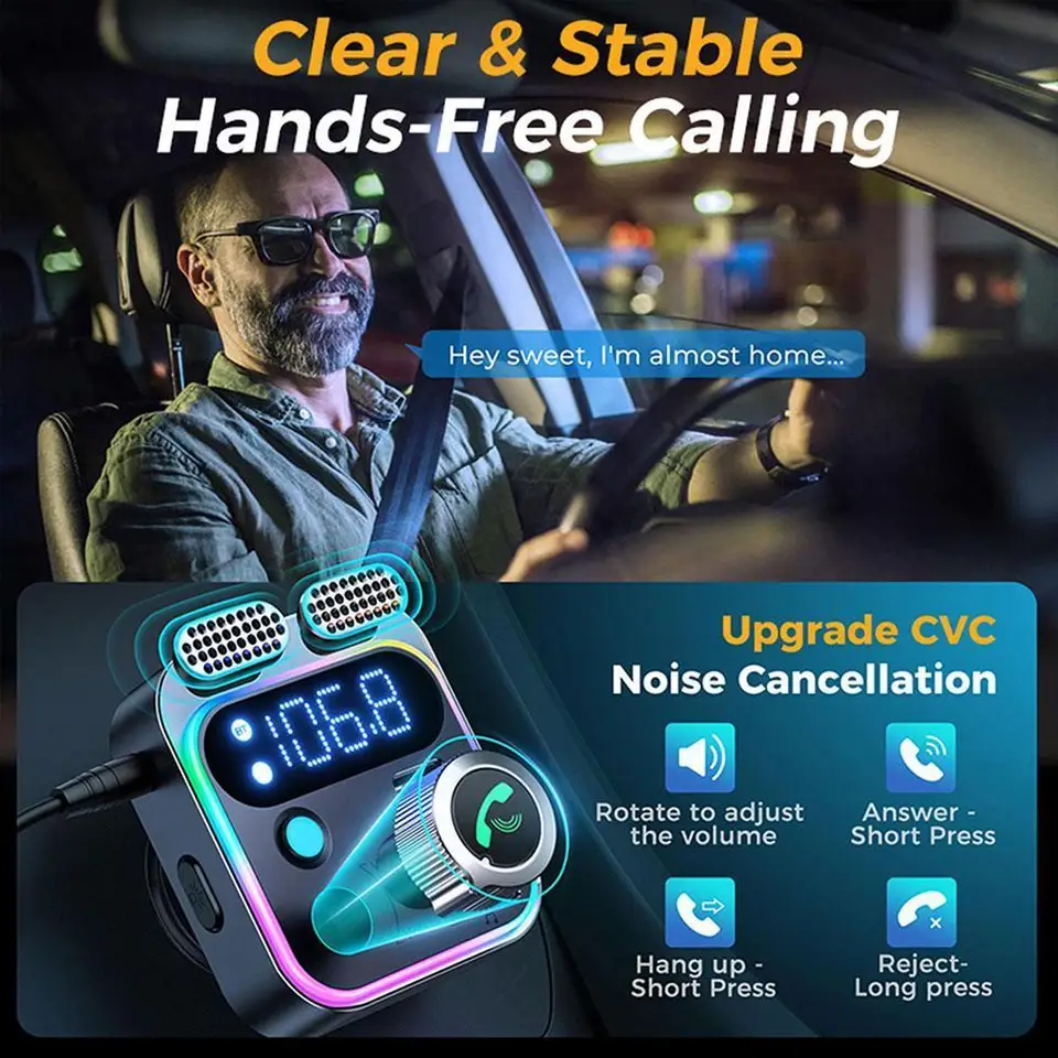 Car Bluetooth 5.0 FM vysielač bezdrôtového ručného audio prijímača MP3 Player LED 48W PD QC3.0