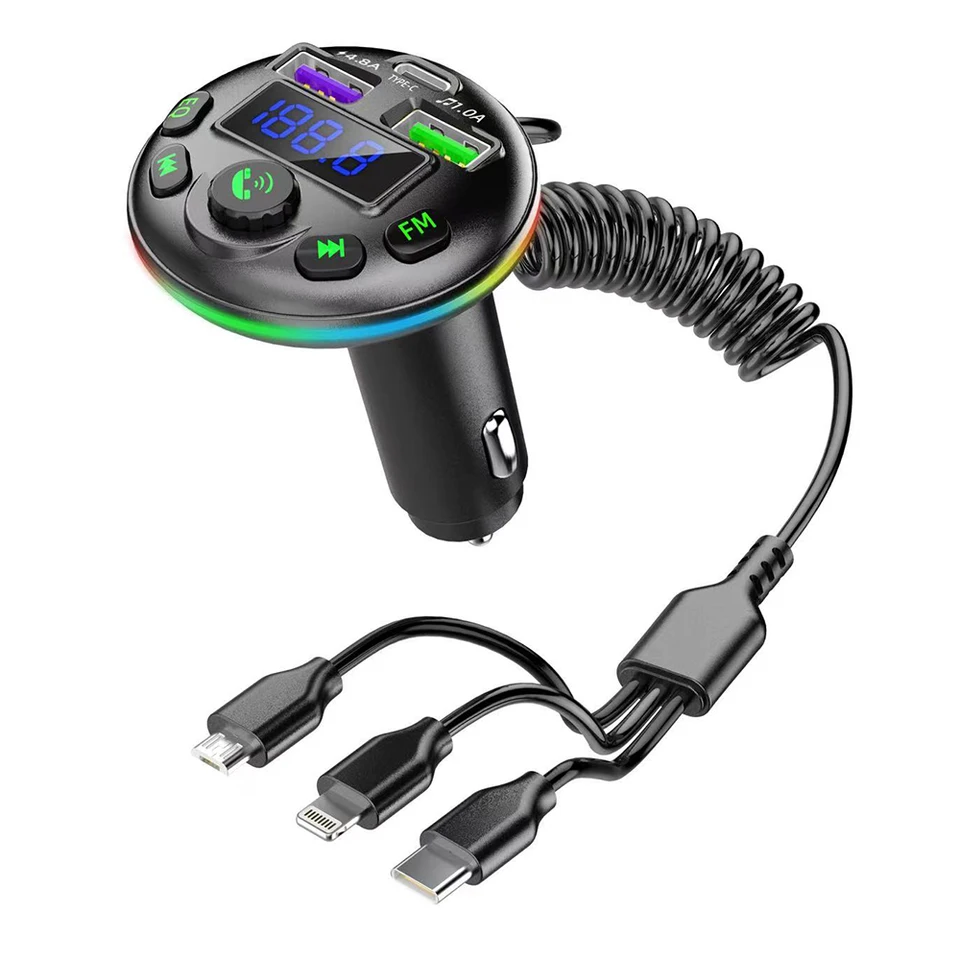 CAR FM vysielač zvukového prijímača Handfree Call s displejom USB PD Rýchly nabíjanie 3 v 1 nabíjací kábel pre iPhone Huawei Xiaomi
