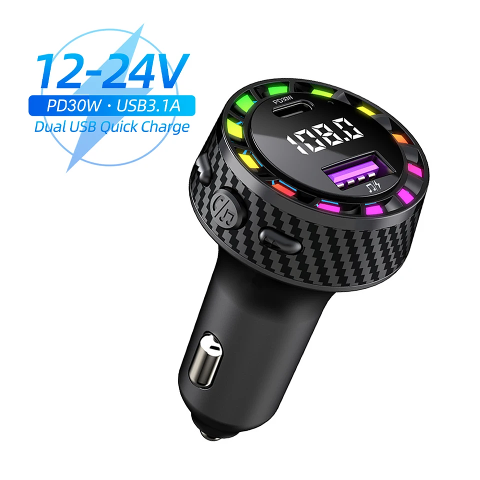 CAR nabíjačka PD30W USB port rýchle nabíjacie adaptér s LED svetlom napätia monitor FM Bluetooth prenos pre iPhone Samsung OPPO