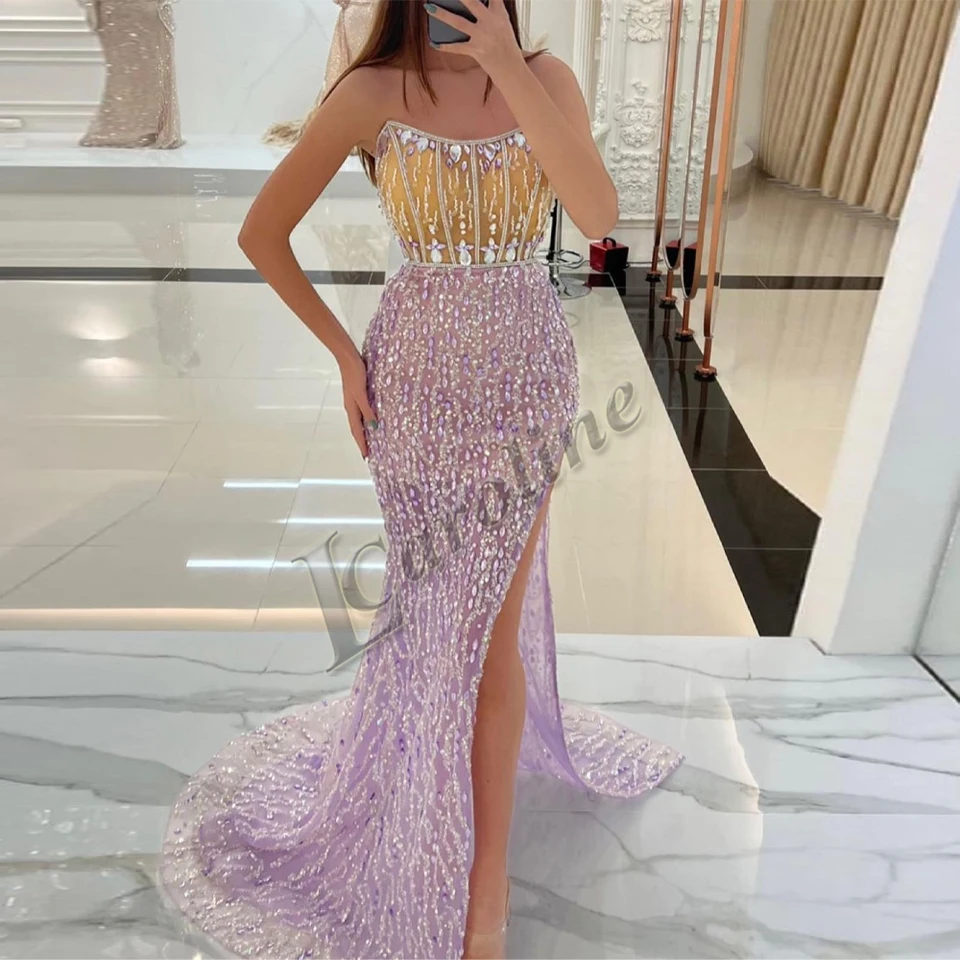 Caroline Atraktívne kryštály bez ramienok večerné šaty dlhé luxusné celebrity Side Slit Mermaid Sexy Prispôsobené šaty De Soirée