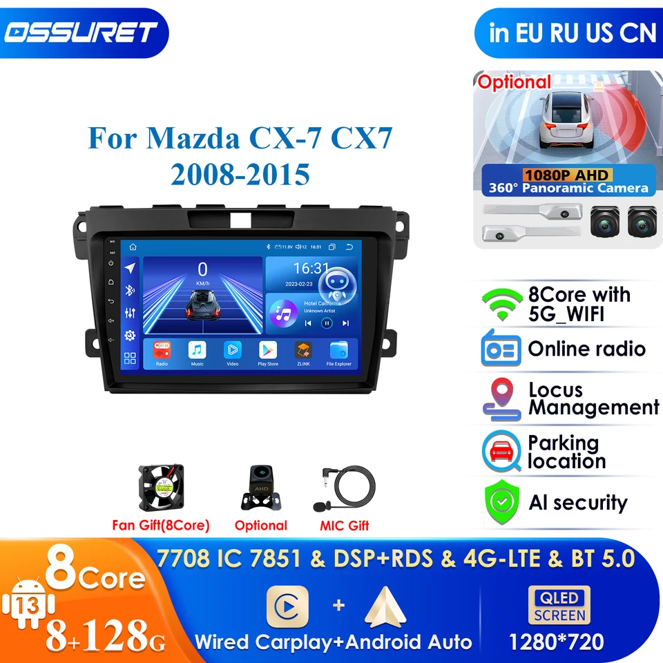 CARPLAY 4G DSP QLED SCRON 2DIN Android Autoradio pre Mazda CX-7 CX7 CX 7 2008-2015 Automobilie Rádio Multimedia Video Player GPS Stereo