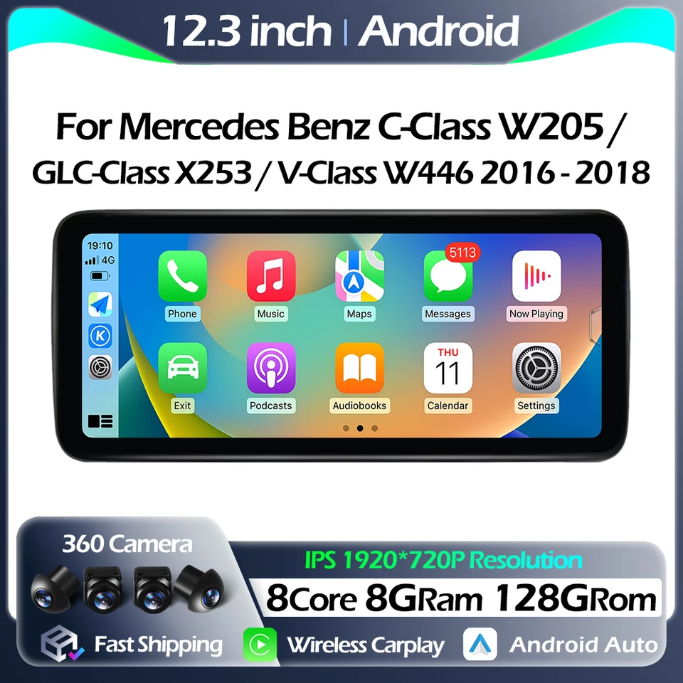 CarPlay Android Auto pre Mercedes Benz C-Class W205 / GLC trieda X253 / V-trieda W446 2016-2018 Multimedia Player Video Wireless