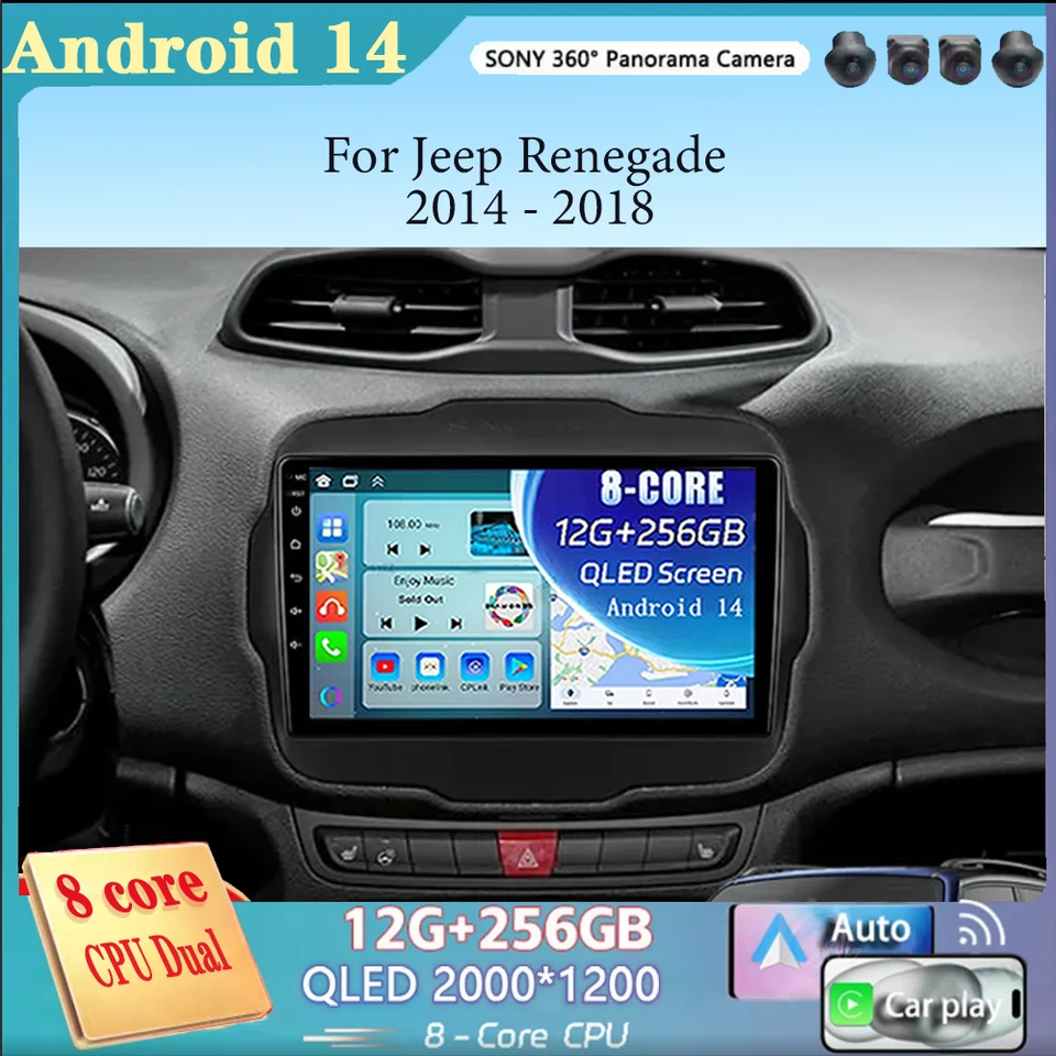 CarPlay + Auto 4G pre Jeep Renegade 2014 - 2018 Aut Radio Multimedia Video Player Navigation GPS Android 14 Nie 2Din 2 DIN DVD