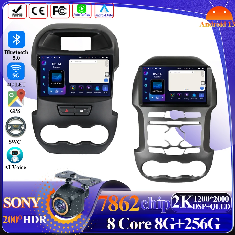 CarPlay Car Radio Android pre Ford Ranger T6 2011-2016 Multimediálny hráč navigácia Intelligent System 8 Core 5G WiFi Display