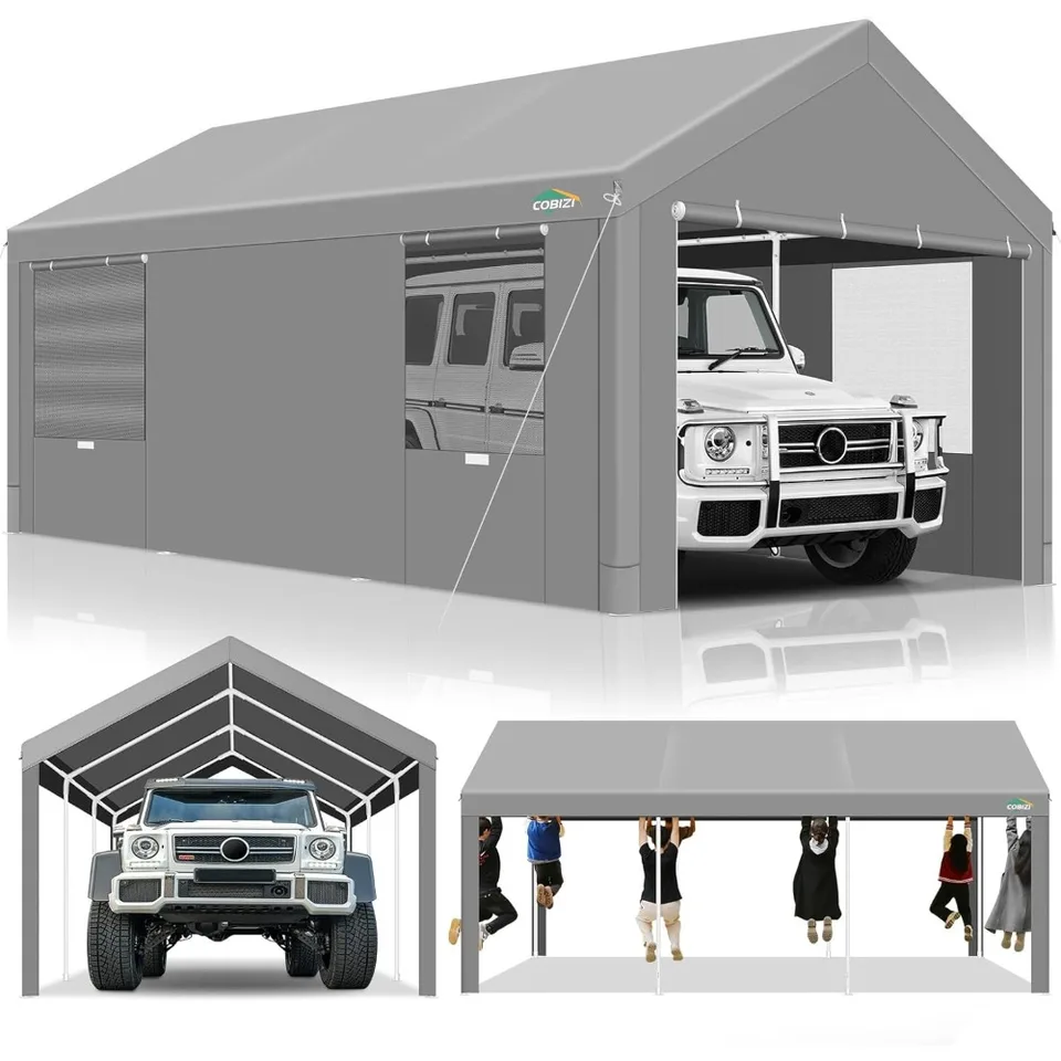 Carport 10'X20 'prenosná prenosná garáž, vylepšené vozidlo s odnímateľnými bočnými stenami, vetrané okná sivé sivé
