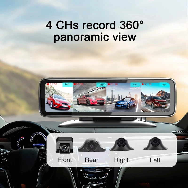 Carsanbo 12-palcový nahrávanie auta Nočné videnie automobilu so 4 fotoaparátmi, 360 ° 24-hodinová parkovacia dotyková obrazovka Video nahrávanie