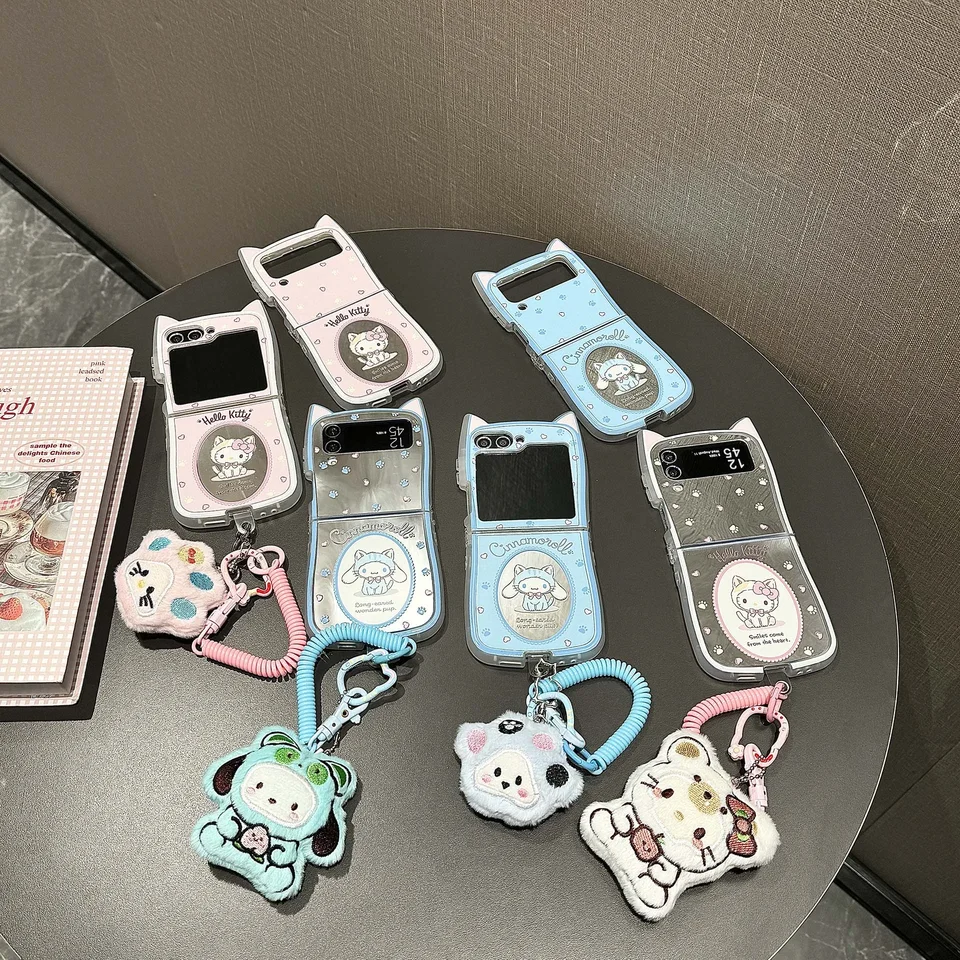 Cartoon Cinnamoroll Hellokitty s šnúrkou 3D uši Cat Puzdro pre Samsung Galaxy Z Flip 3 4 Z Flip 5 6 5G zadný kryt PC