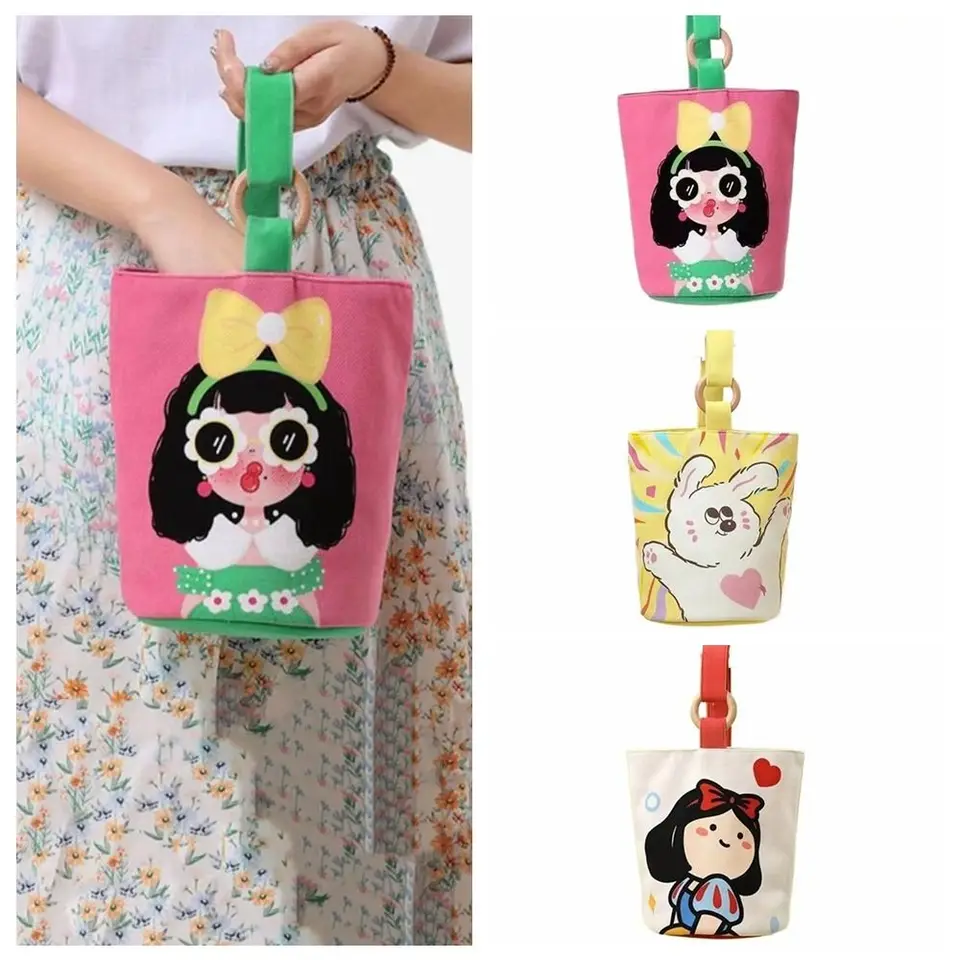 Cartoon Girl Canvas Bucket Bag Korean Style Ramela Bag Y2K Outing nákupná taška Ženy Sladké roztomilé kabelka Študent obedová taška