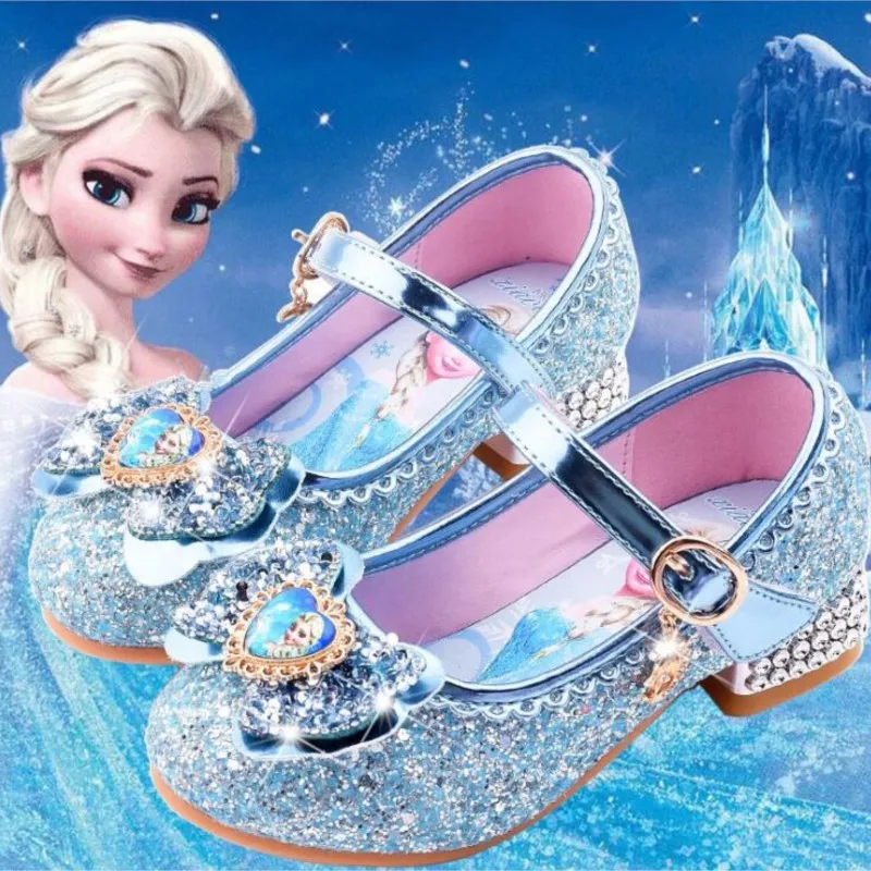 Cartoon Girls Nasplety Shoes Deti s vysokými podpätkami topánky mrazené 2 elsa princezná mrazené karikatúry Bowknot kožené kryštálové party topánky