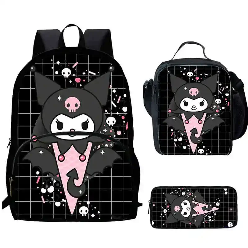 Cartoon Kuromi Child Batoh s predným vreckom, obedové tašky, tašky na ceruzky pre 5-10 kreslených chlapcov a dievčat, najlepší darček