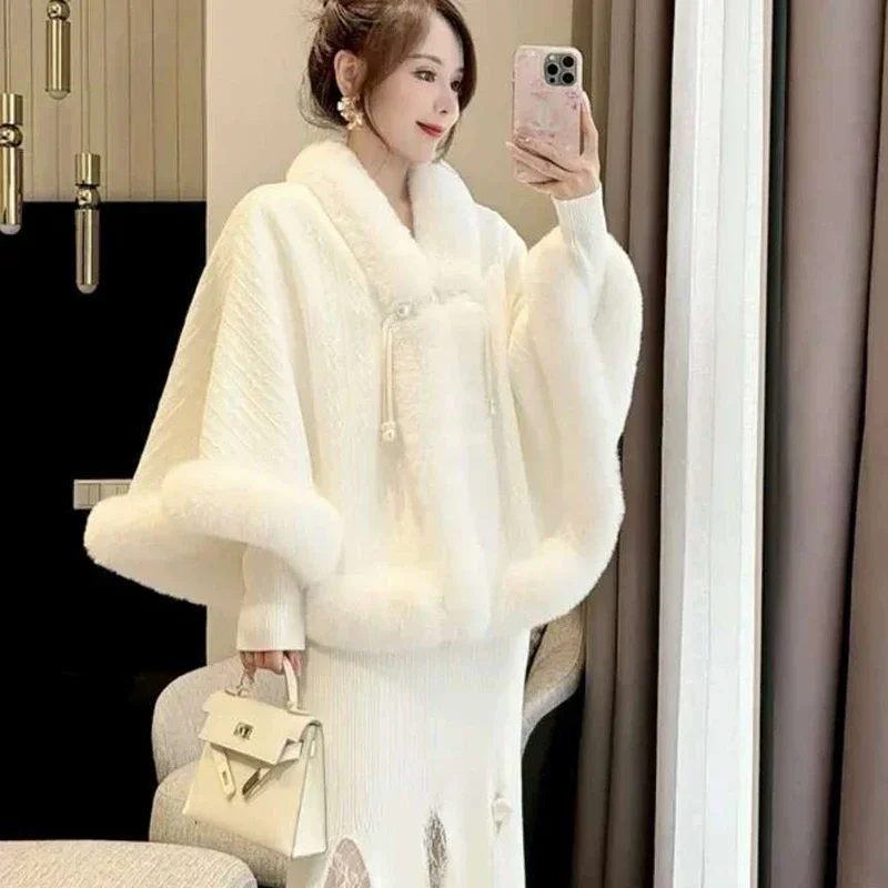 Cashmere faux kožušina Cape Shawl Sweater 2024 Jeseň zimná módna plášť Open Stitch ženské pone svetre