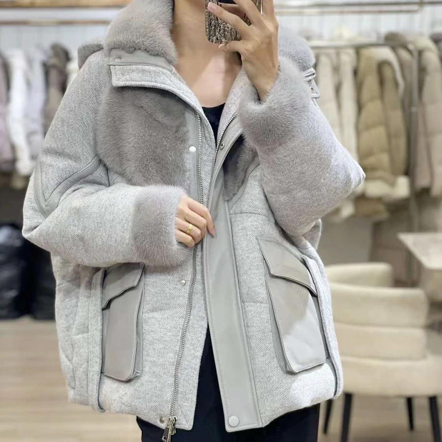 Cashmere Mink Fur Down Coat Skutočný kožušina s kabátom s kapucňou Dámska zimná bunda orezaná husa