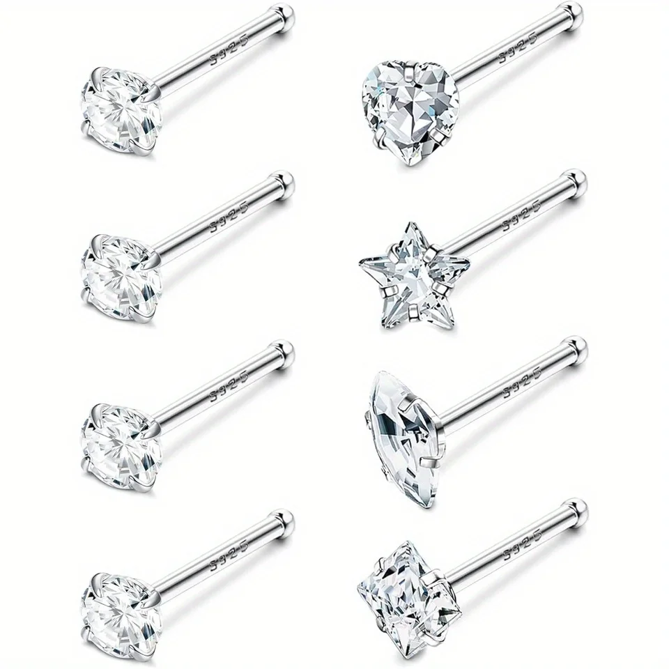 Cassieca 1pc 925 Sterling Silver Nose Studs for Women Men Star Marquise Heart Square Round Tvare Cz L Shape Piercing Jewelry