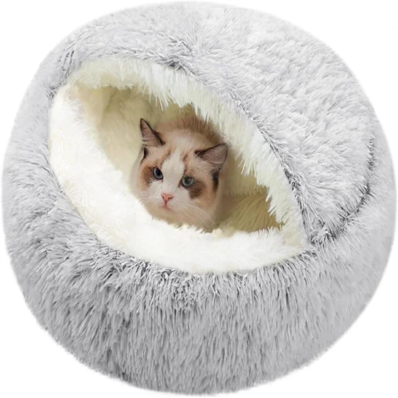 Cat Bed Round plyš na nadýchané chlpaté kapucňové mačacie lôžka, útulné pre vnútorné mačky alebo malé postele pre psov, domáce postele šišky pokojné proti nxiete psie posteľ
