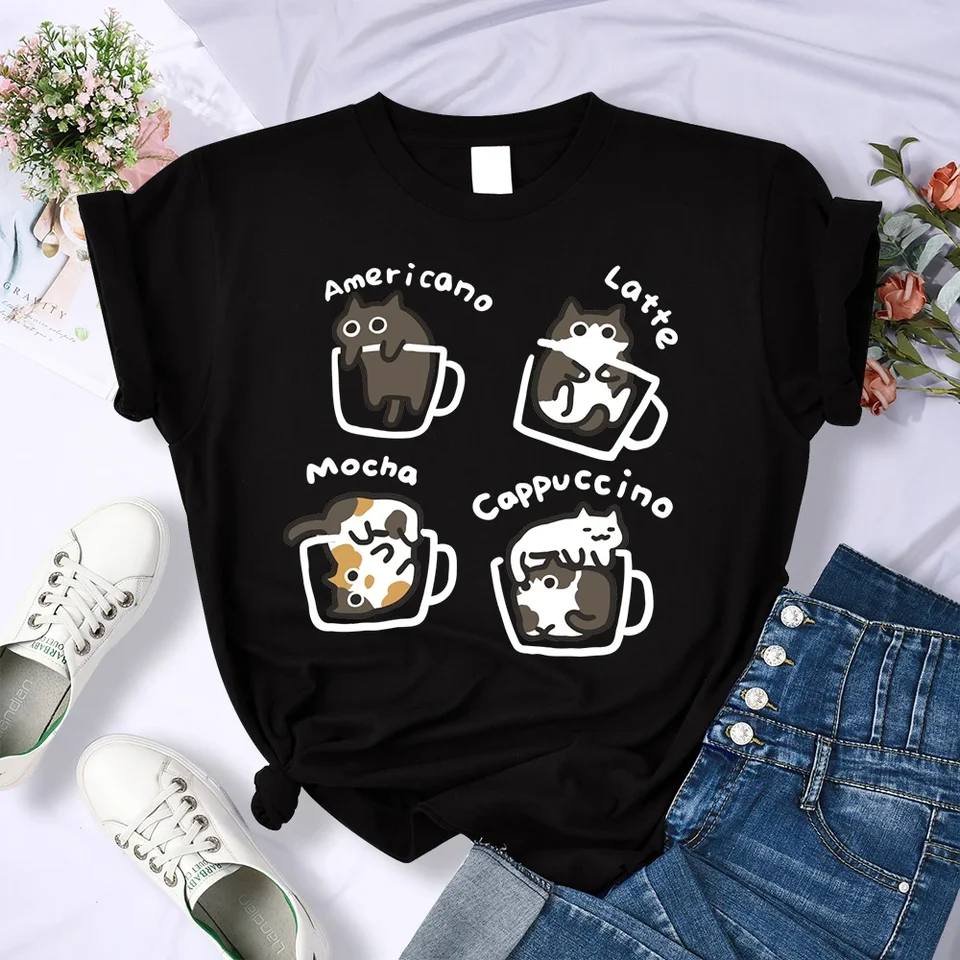 Cat Coffee Art Letter tlačené tričko Dám